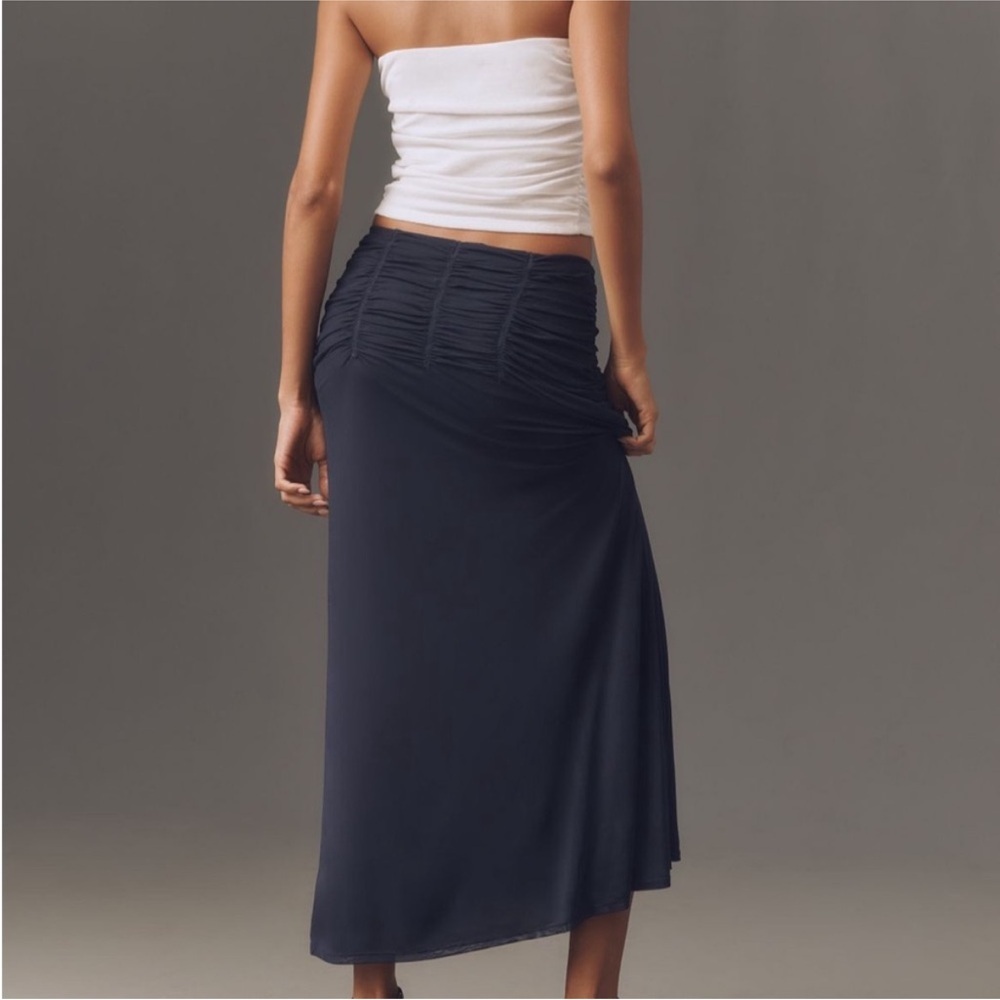 Anthropologie Maeve Ruched Yoke Column Maxi Skirt XL Navy NWT - Picture 2 of 8